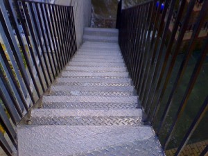 slippery metal stairs